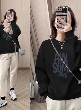 黑色纯棉欧货圆领卫衣女春秋款2023年新款宽松长袖小个子上衣ins