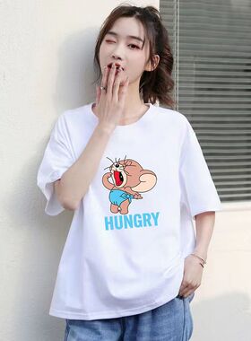 白色T恤女短袖宽松2023年新款夏季纯棉学生上衣卡通印花百搭ins潮