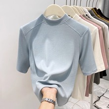 半高领中袖t恤女2025春秋新款洋气小立领五分袖ins上衣半袖打底衫