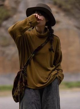 MMBL慢慢变蓝荼文艺松弛感宽松匹马棉混纺T恤高领打底衫351166