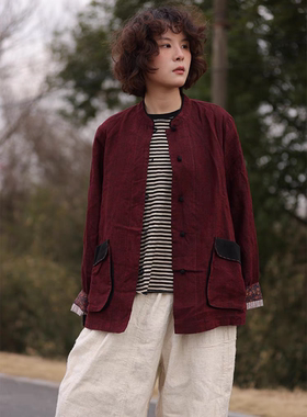 MMBL慢慢变蓝荼系列定制色织亚麻上衣中式对襟外套暗红35878