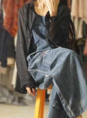 MMBL慢慢变蓝荼设计师款文艺做旧亚麻拼布做旧牛仔背带裤35562