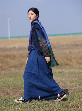 MMBL慢慢变蓝荼植物染粉汉麻半身裙33550