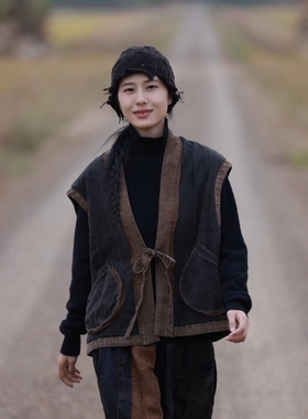 MMBL慢慢变蓝荼文艺原创新中式对襟系带棉马甲老面料香云纱35355