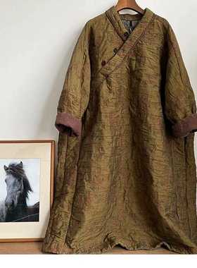 MMBL慢慢变蓝荼文艺做旧新中式提花色织棉袍子中长棉衣棉服35537