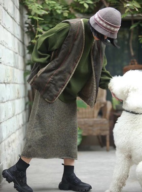 YLZL衣路走来羊毛织物彩线卷边松紧腰A字半身裙子腰裙T211011