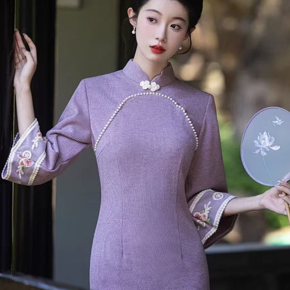 复古新中式国风改良香芋紫色旗袍冬季新款大码胖MM显瘦气质连衣裙