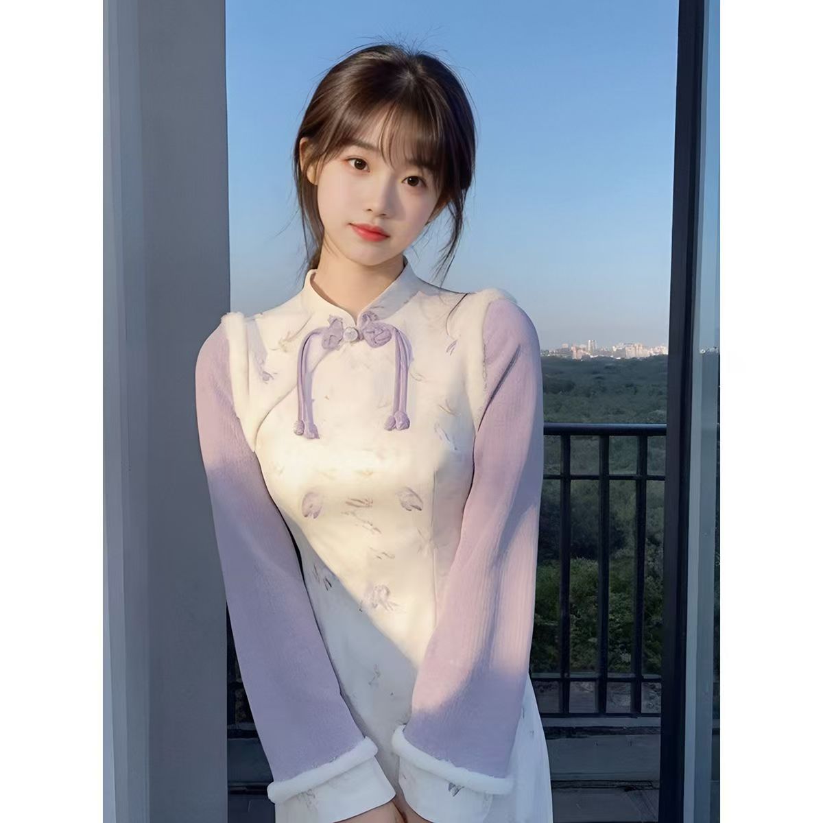 大码胖mm中式国风改良碎花旗袍女秋冬套装新款加绒加厚气质连衣裙