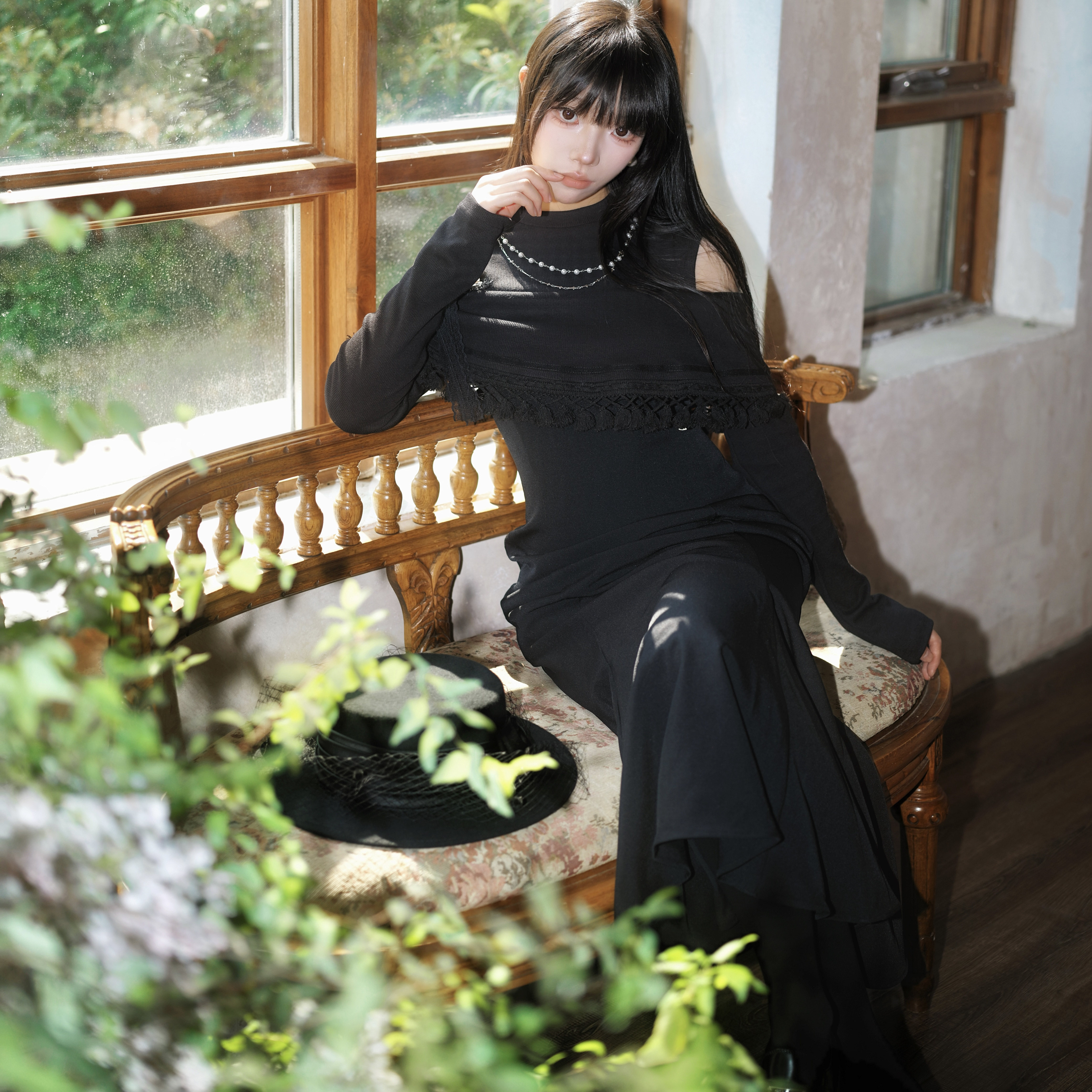 muggle studio 副线 法式黑色针织精致收腰包臀秋冬鱼尾长连衣裙