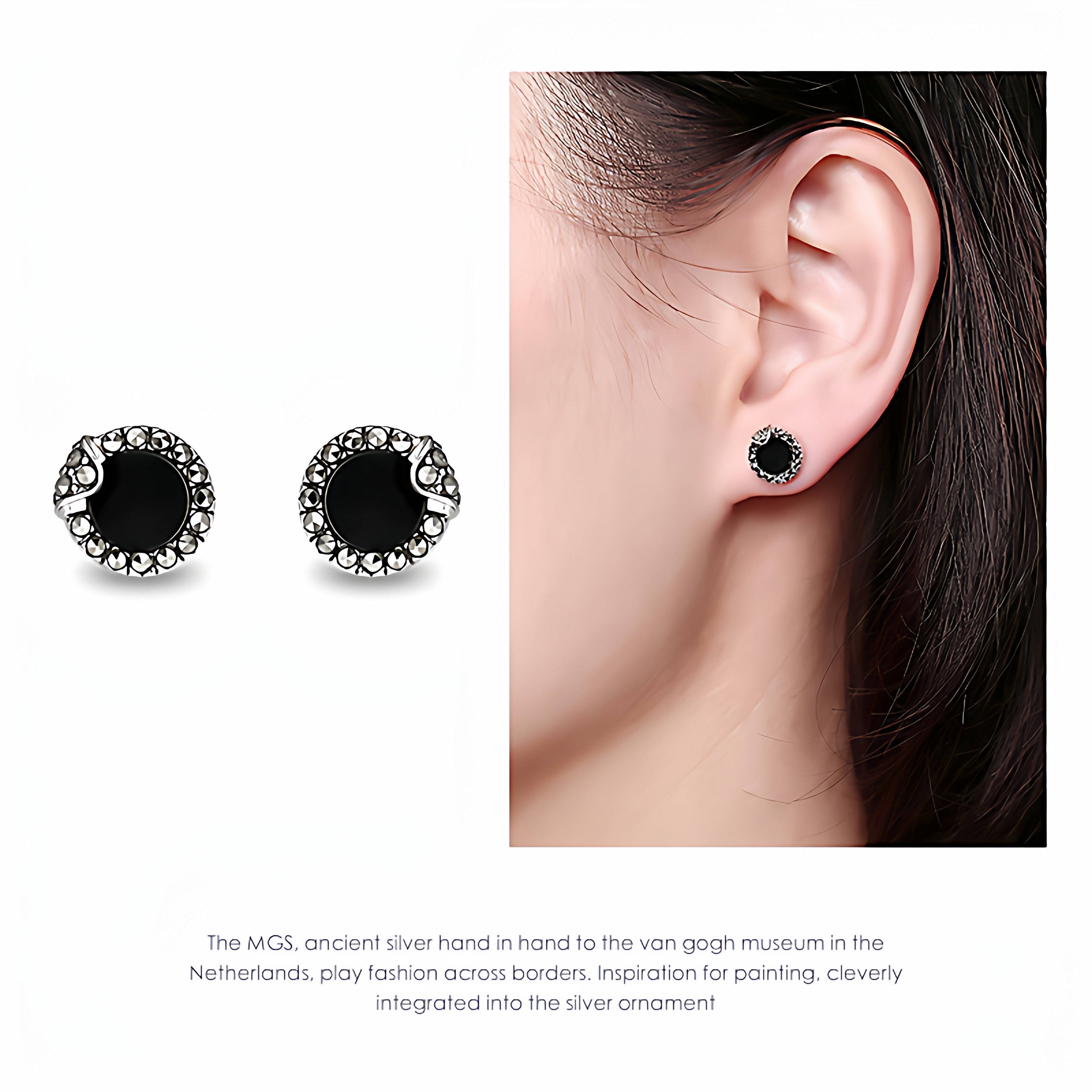 曼古银多瑙河黑玛瑙宝石耳钉S925纯银女士圣诞礼物时尚百搭耳饰