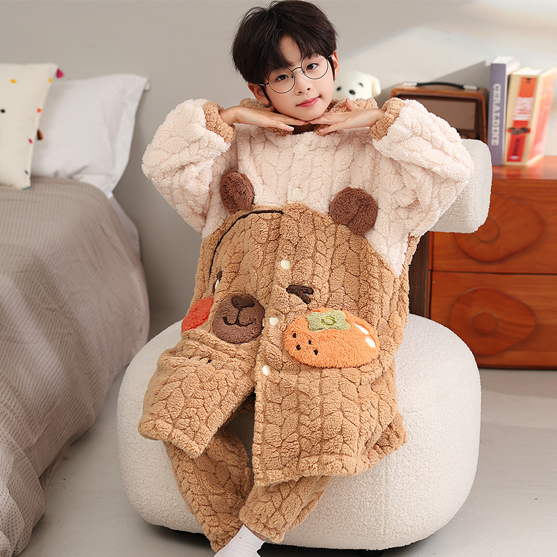 冬季儿童睡衣加厚睡袍男童珊瑚绒