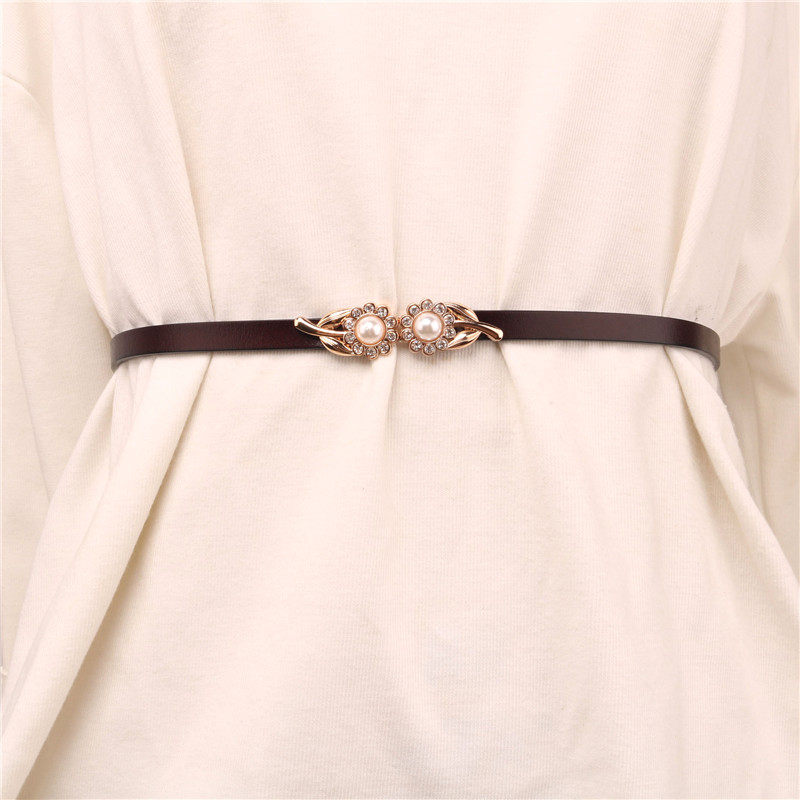 可调节腰带女裙带配饰真皮皮带腰链水钻珍珠花朵装饰连衣裙细腰带