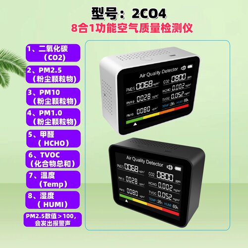 2CO4，8合1二氧化碳CO2检测仪家用PM2.5空气质量粉尘空气污染物检
