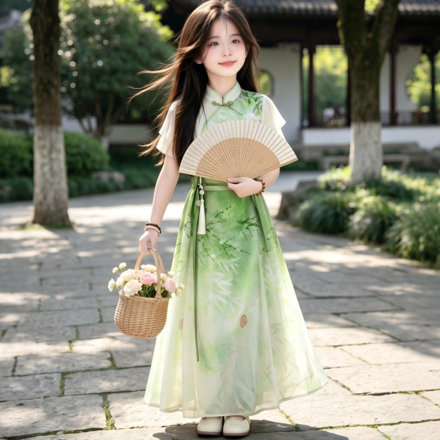女童夏季新中式改良旗袍连衣裙2026新款中大童水墨竹纹国风长裙潮