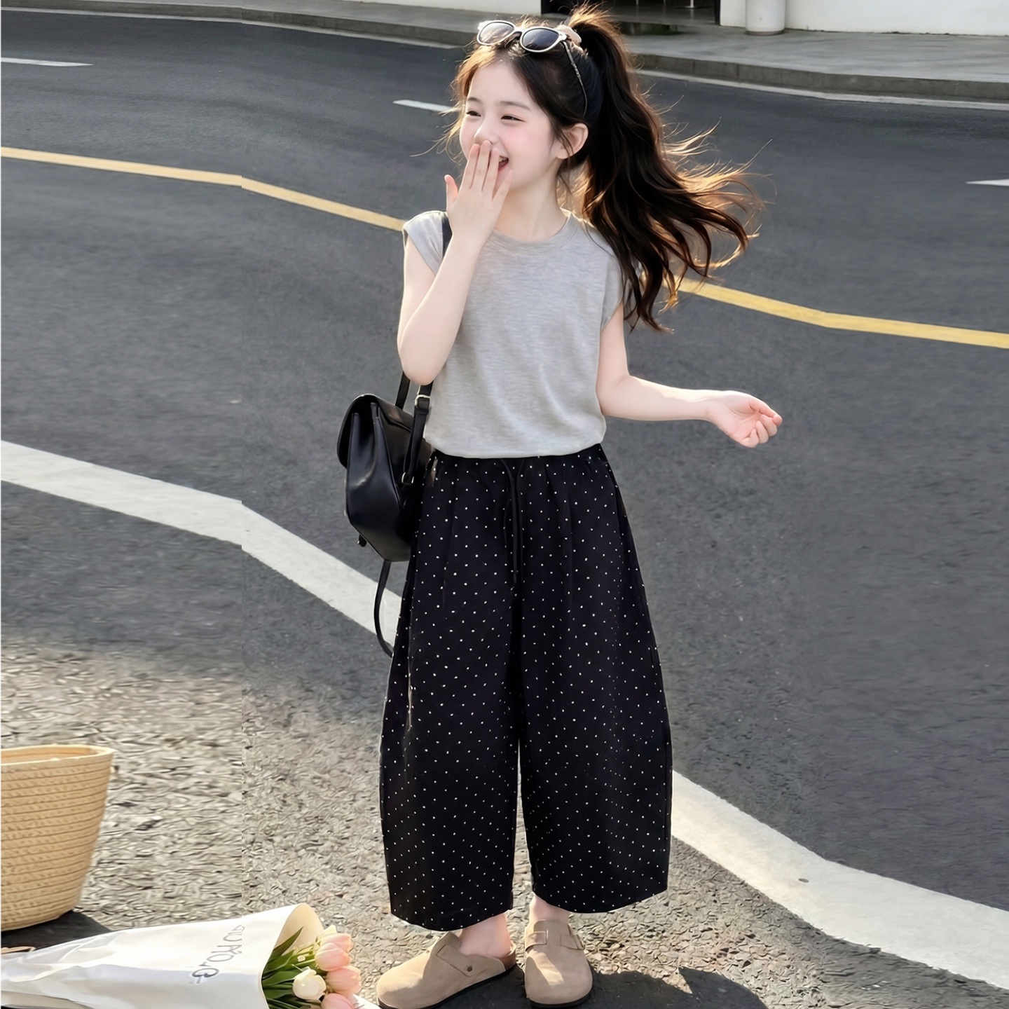 女童夏季针织无袖背心套装韩系洋气波点阔腿七分裤儿童休闲两件套