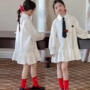 女童衬衫式连衣裙长袖白色中大童春秋休闲时尚宽松学院风领带裙子