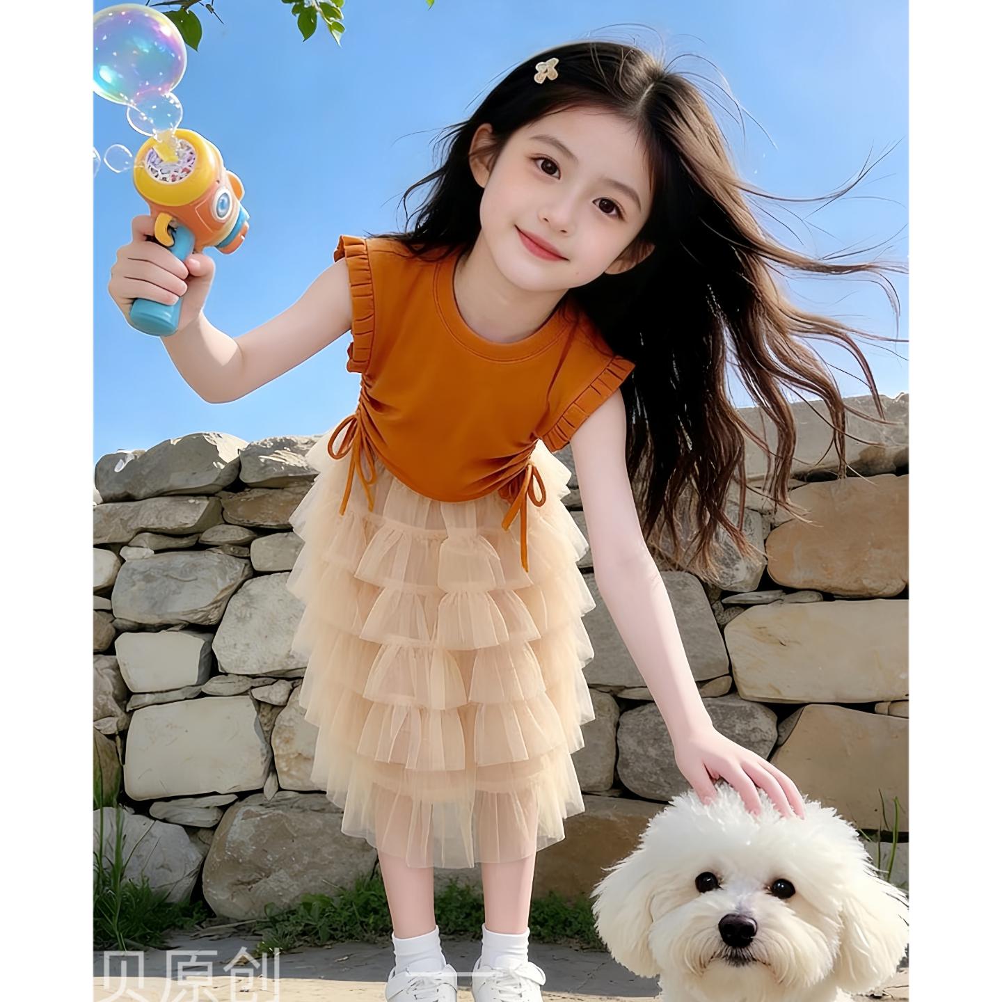 女童蛋糕裙套装甜美风夏季中大童可爱抽绳短袖高级感长裙潮两件套