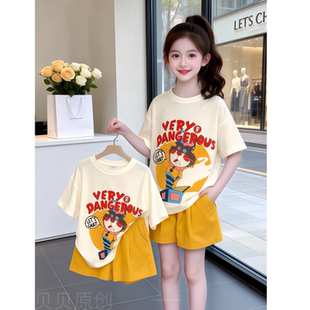 女童夏季套装2026新款今年流行爆款中大童韩版卡通印花洋气两件套