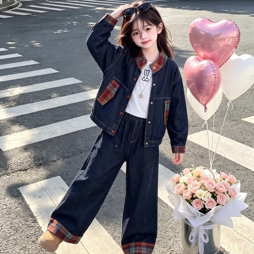 女童秋季格子拼接牛仔时尚两件套