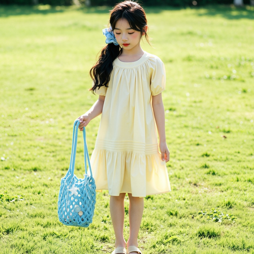 女童夏装韩系黄色泡泡袖蛋糕裙潮