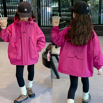 女童冲锋衣外套超好看春秋款2026新款薄绒一体洋气火龙果连帽夹克