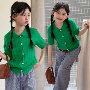 女童绿色针织polo衫麻花短袖开衫外套中大童薄款短款弹力春夏上衣