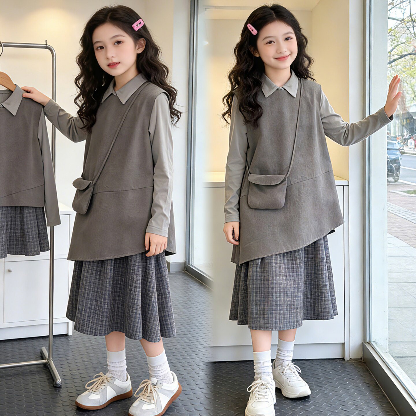 女童连衣裙三件套洋气春装中大童公主风叠穿格子时尚衬衣领套装潮