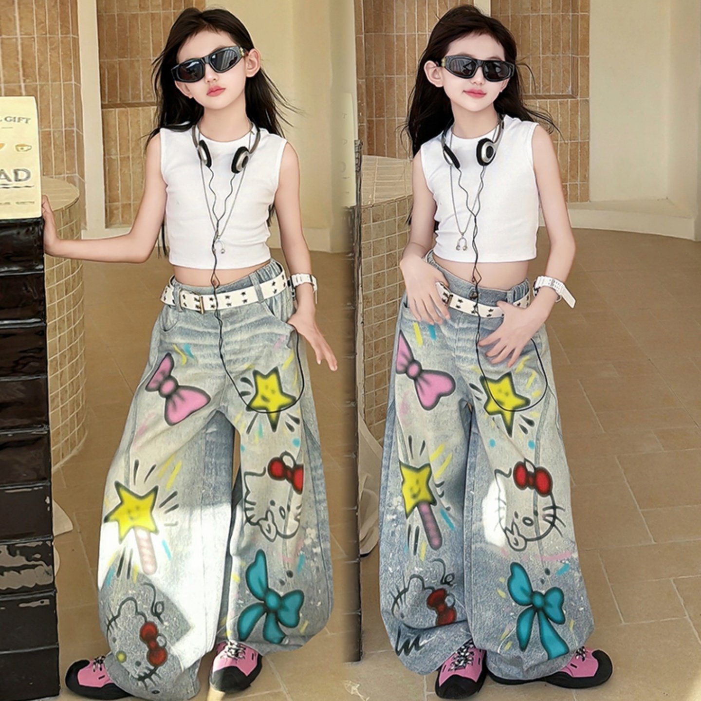 女童水洗牛仔裤春装潮牌中大童美式设计感KT猫数码印花潮酷阔腿裤,童装/婴儿装/亲子装,儿童牛仔裤,淘宝优惠券,粉丝福利购,淘宝优惠卷