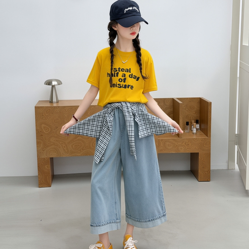女童夏季T恤牛仔七分裤潮两件套6