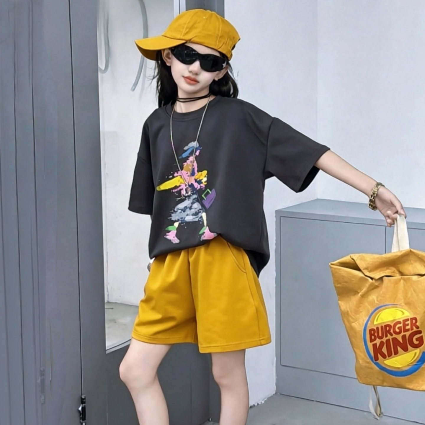 女童夏季多巴胺休闲运动套装中大童涂鸦宽松短袖火龙果色五分短裤