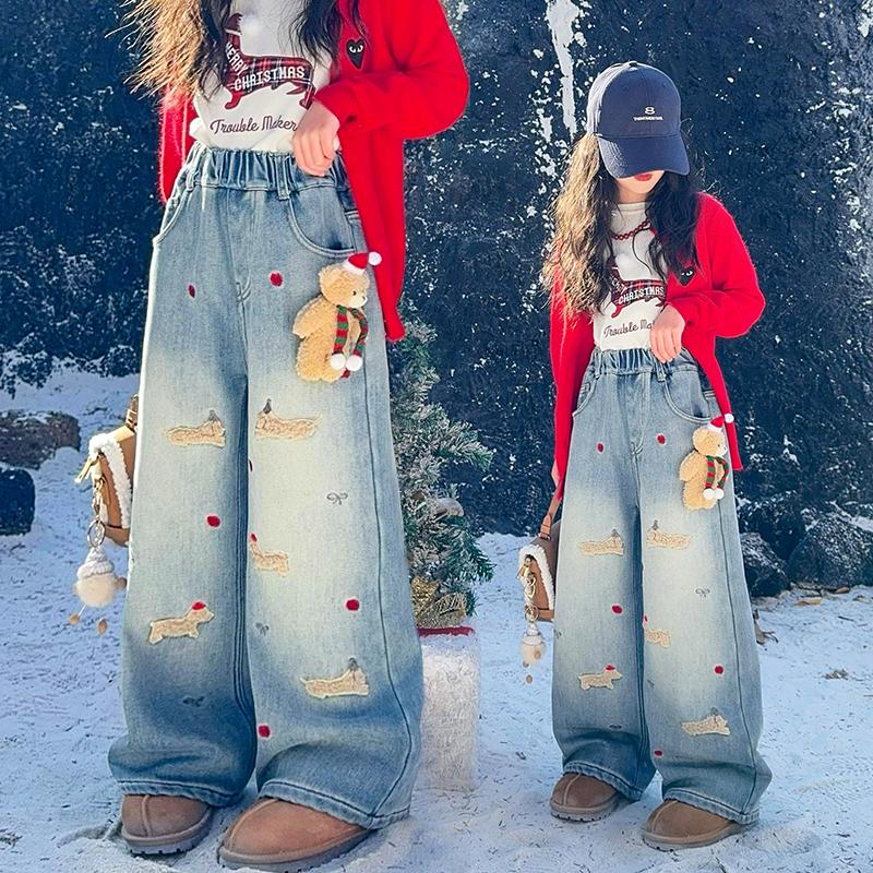 卡通提花刺绣加绒加厚洋气牛仔裤