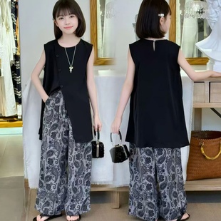 女童夏装超凉快套装儿童开叉无袖上衣复古民族风雪纺阔腿裤两件套