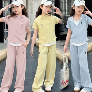 女童夏套裝 衛(wèi)衣運(yùn)動(dòng)兩件套洋氣多巴胺衣服休閑 假兩件短袖 2025新款