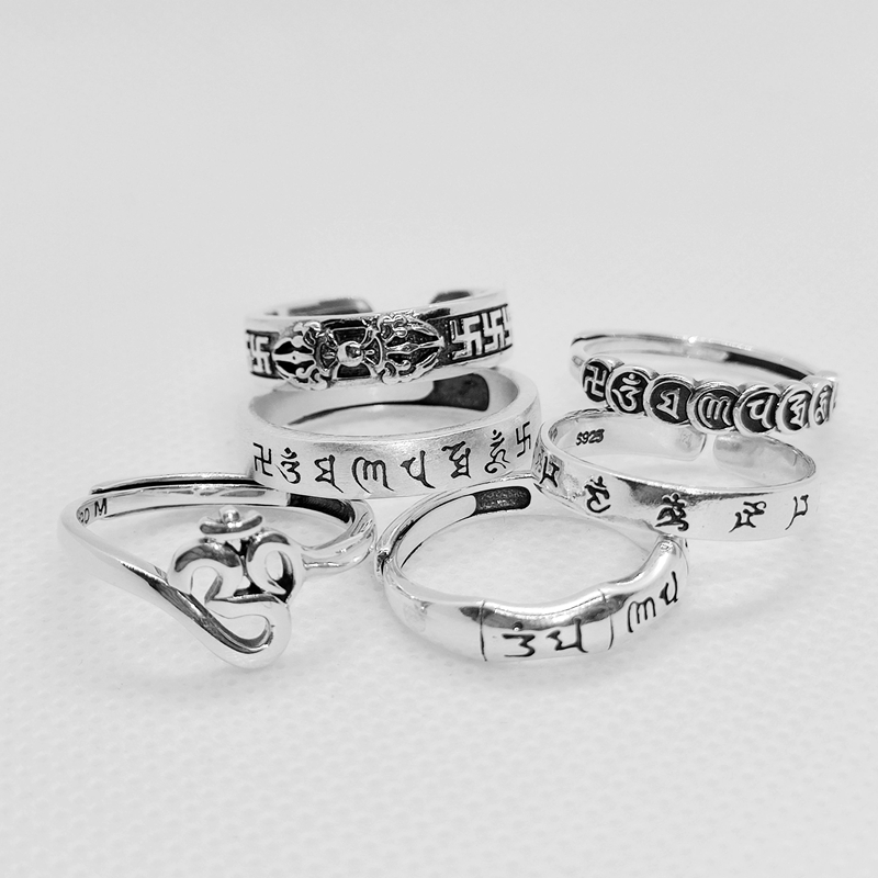 西藏蒙古民族风佛系藏式925纯银六字真言戒指可调节活圈情侣饰品