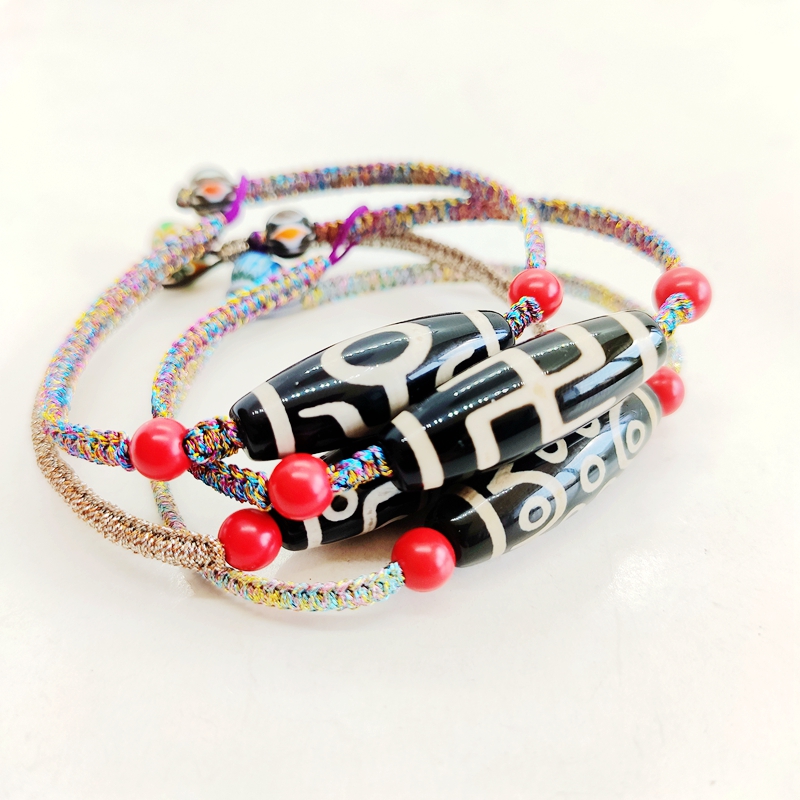 藏式文创饰品礼物天然玛瑙西藏天珠真品朱砂琉璃手链手工编织彩绳