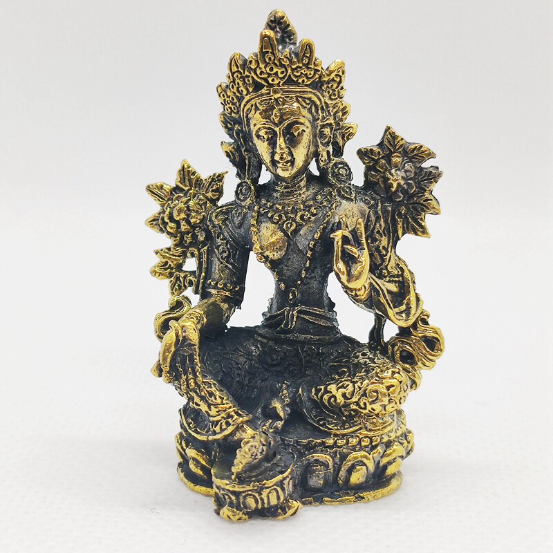 绿度母菩萨随身佛口袋迷你黄铜佛像纯铜摆件护符女性平安健康智慧