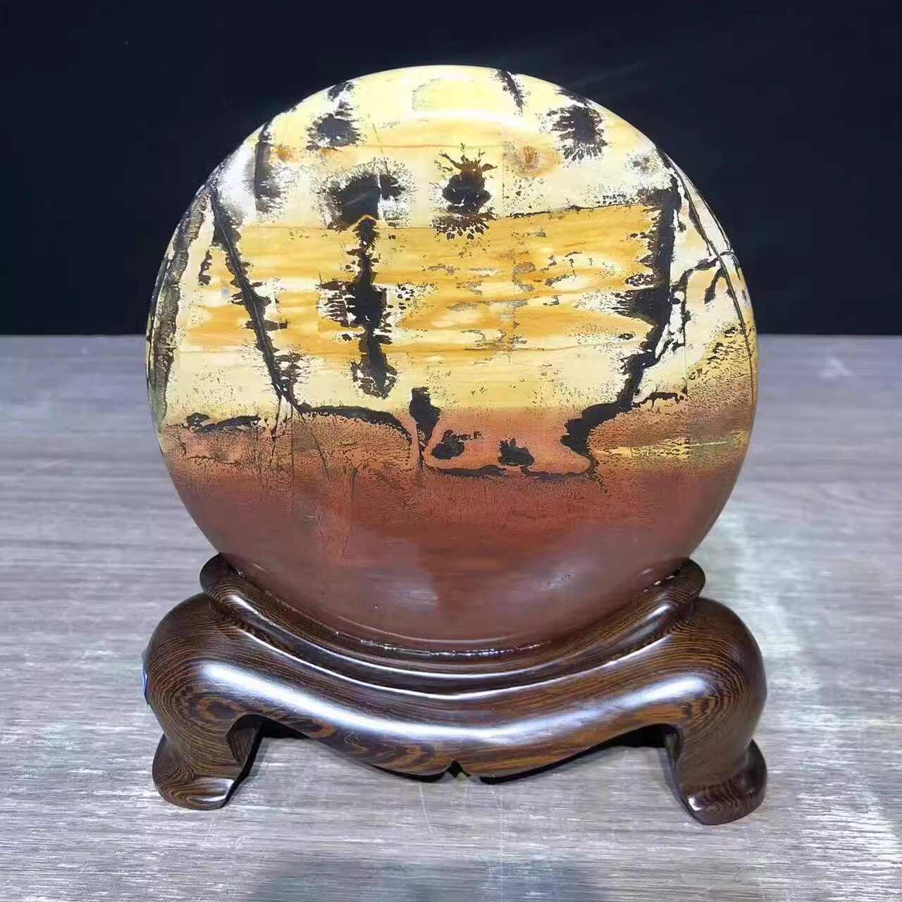 国画草花天然奇石花瓶笔筒四方柱实木底座摆件办公室玄关镇宅石头