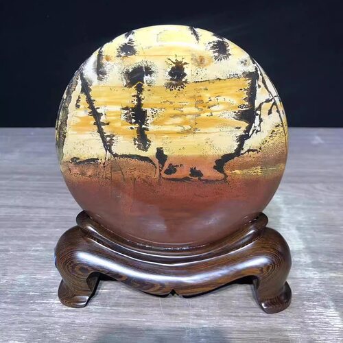 国画草花天然奇石花瓶笔筒四方柱实木底座摆件办公室玄关镇宅石头