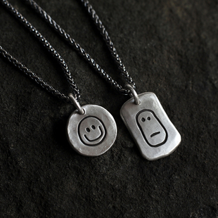 原创没头脑和不高兴99足银情侣项链 笑哭脸童真银饼吊坠 龙骨链