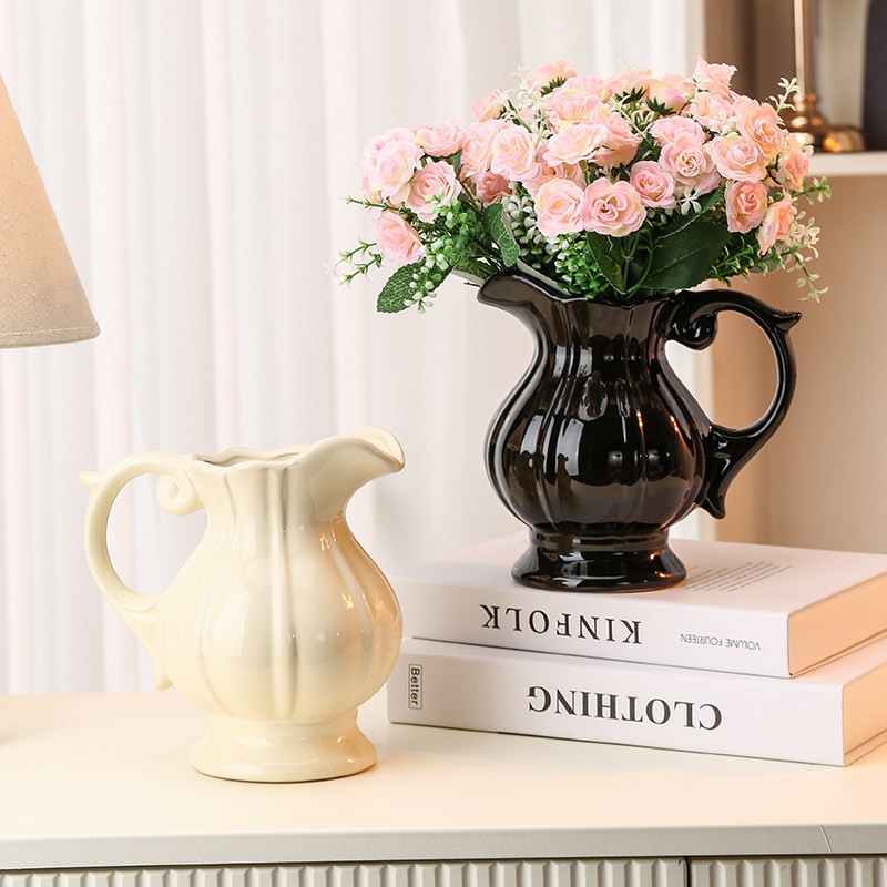 陶瓷提手奶壶花瓶侘寂风南瓜条纹花壶瓶水培花器客厅插花饰品摆件