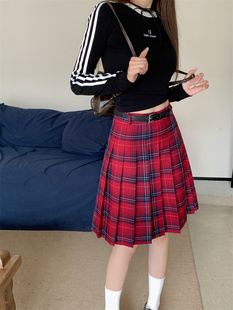 裙 格纹遮胯显瘦半身裙学院风a字防走光西装 红格百褶裙加长版 美式