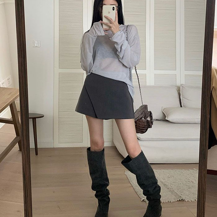 春夏西装短裙裤韩版休闲高腰显瘦灰色短裙女a字开叉不规则半身裙
