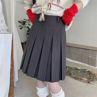 毛呢百褶裙miu系呢子半身裙高腰显瘦A字中长款 灰色遮肉裙韩系复古