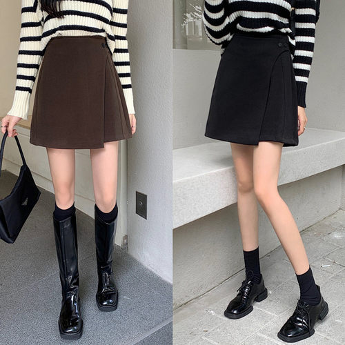 不规则显瘦短裙毛呢厚款黑咖色