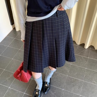 复古格纹百褶裙中长款 加长a字裙学院 秋冬显瘦半身裙韩系格子大码