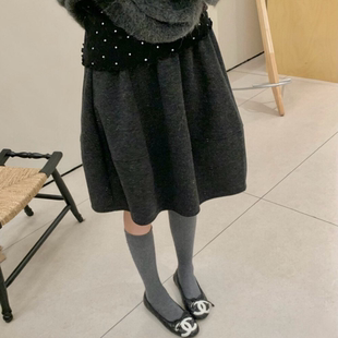 灰色毛呢半身裙女高腰显瘦A字花苞裙高腰a字裙胖mm显瘦miu系伞裙