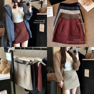 安可拉红灯芯绒半身裙女秋冬2025新款 高腰显瘦包臀a字短裙一步裙
