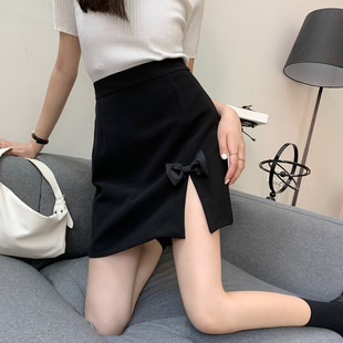 黑色小短裙蝴蝶结开叉a字裙大码 早秋小个子百搭半身包臀裙子 韩版
