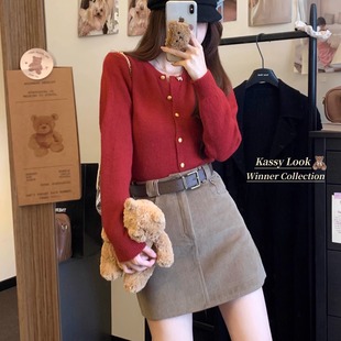 秋冬复古灯芯绒半身裙安哥拉红高腰百搭毛呢短裙显瘦A字包臀裙女
