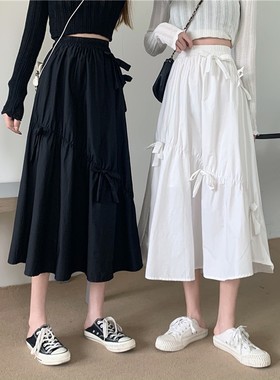 白色蝴蝶结半身裙高腰显瘦松紧腰伞裙春夏新款中长a字裙蓬蓬裙女